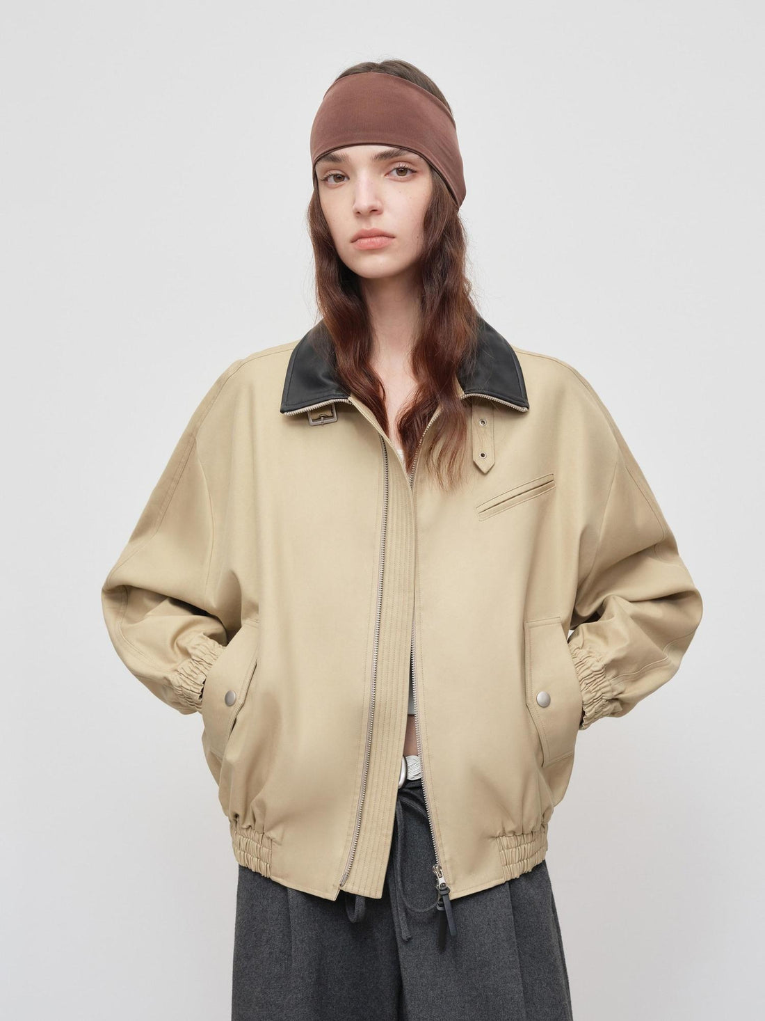 RUN TO THE FUTURE Khaki Cotton Patchwork Barn Style Loose Fit Unisex Zipper Track Jackets