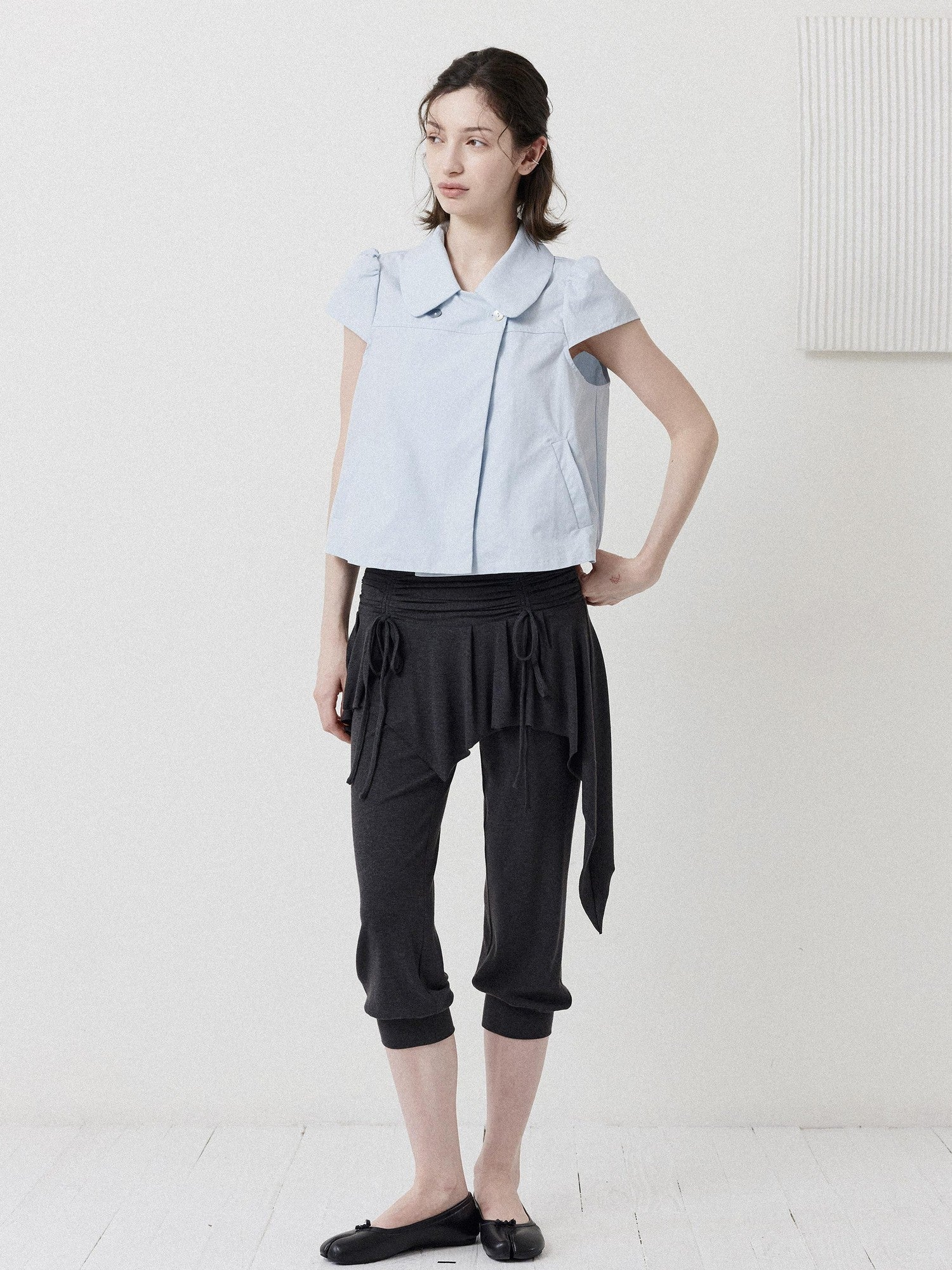 DKZ OFFICIAL Deep Blue Double Buttons Doll Collar Puff Sleeves Women&