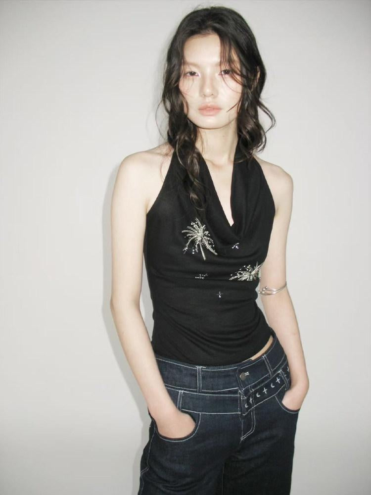 AnnoMundi Airy Lyocell Embroidered Halter Polo Collar Midi Women Black Tank Tops