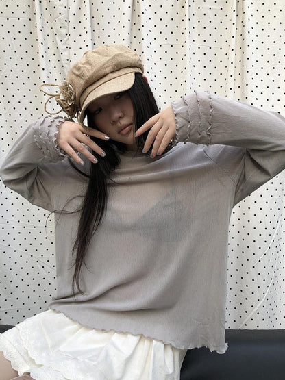ang project Mocha Sheer Mesh Layered Ruffle Round Neck Women&
