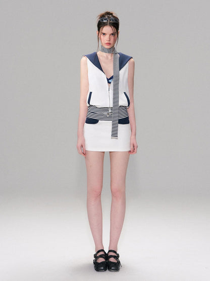 The NeverMore Contrast Printed Cotton Mid Waist Straight Bodycon Women White Mini Skirts