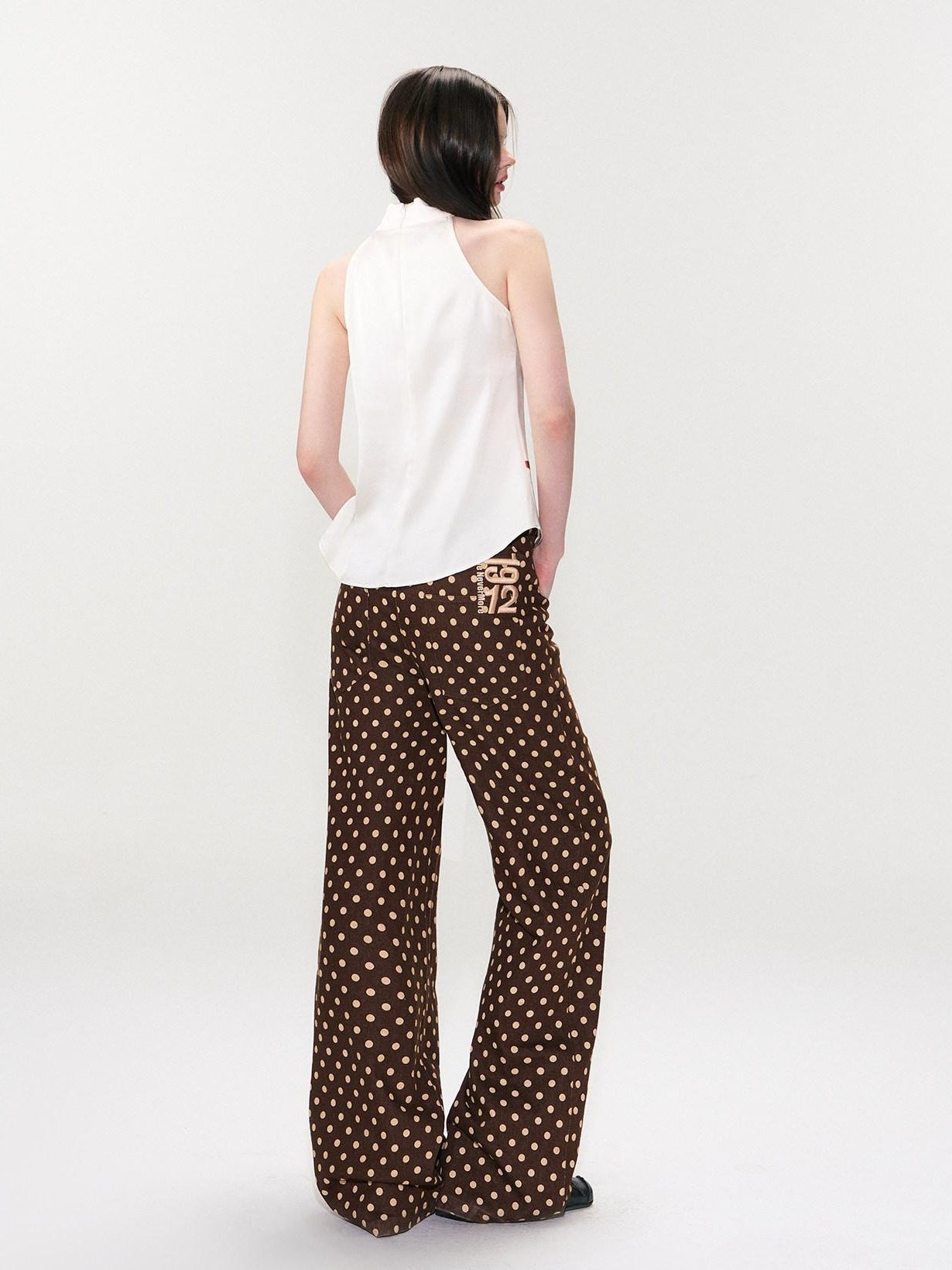 The NeverMore Cotton Polka Dot Vintage Natural Waist Casual Women Brown Straight Leg Jeans