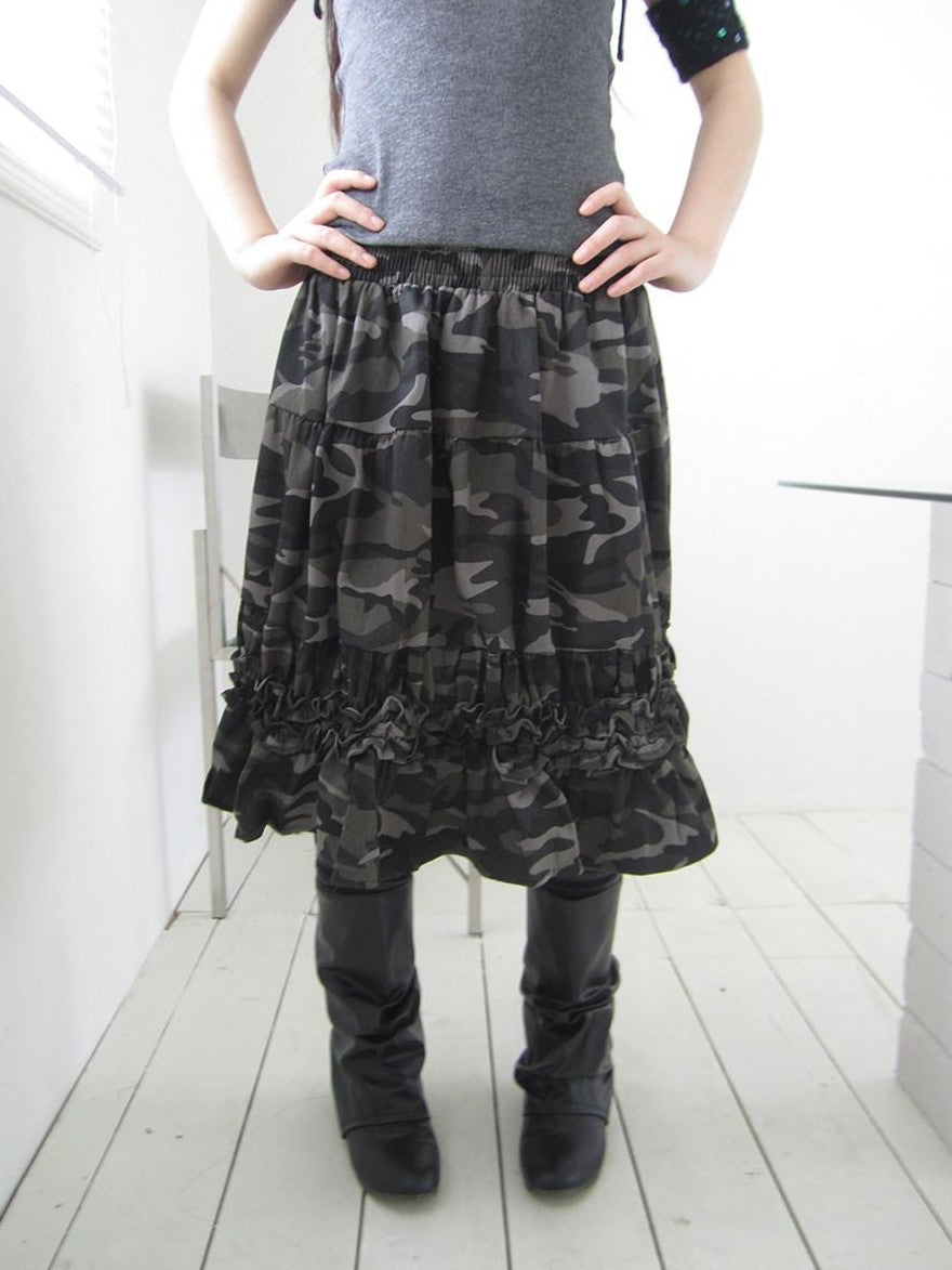 ang project Camouflage Ruffle Edge Patchwork Elastic Waist Women&