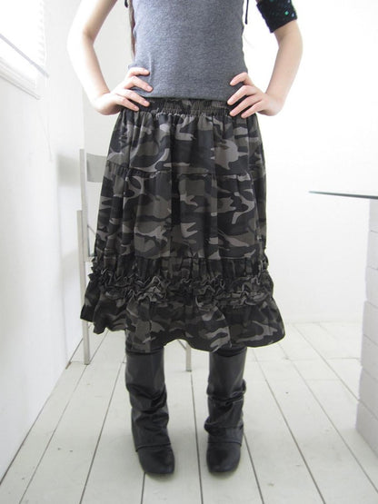 ang project Camouflage Ruffle Edge Patchwork Elastic Waist Women&