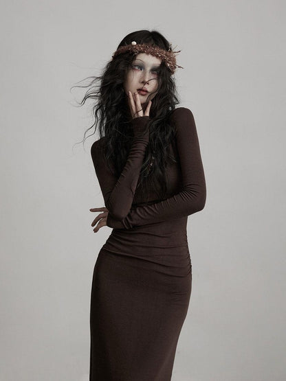 INDULGE Soft Modal Wool Cutout Slim Fit Long Sleeve Casual Brown Bodycon Maxi Dresses