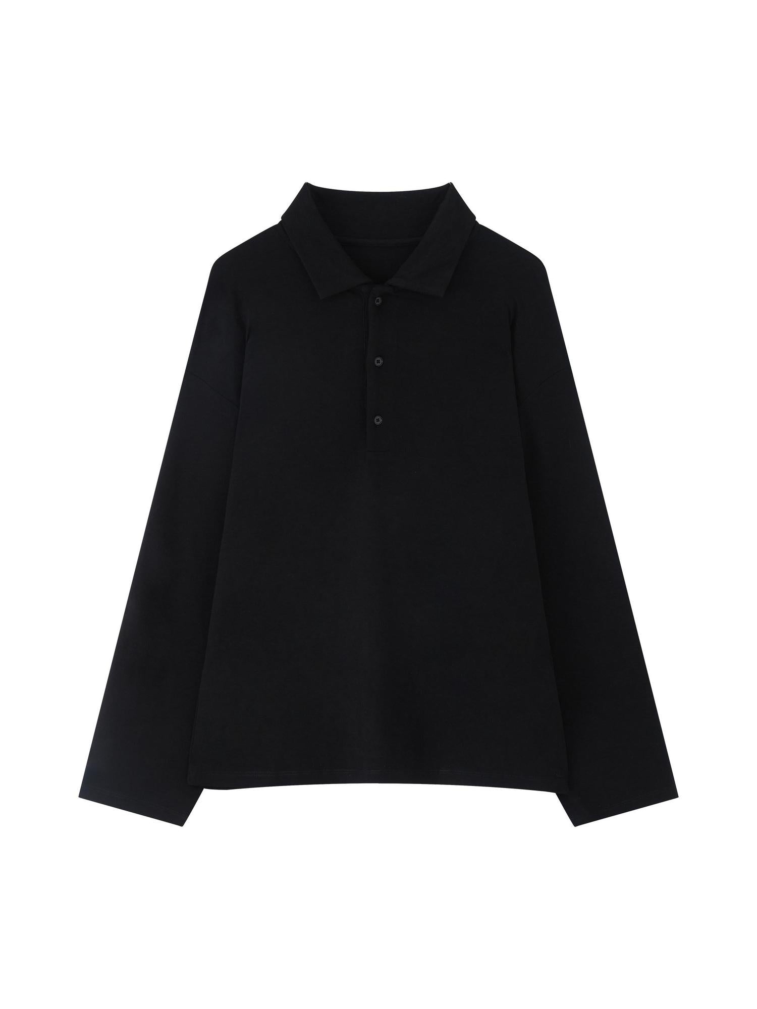 RUN TO THE FUTURE Lyocell Wool Blend Commuter Loose Fit Henley Classic Black Long Sleeve T-Shirts