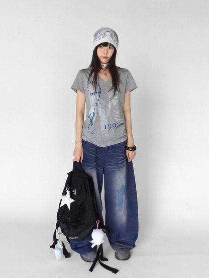 innomoood Heather Distressed Print Colorblock V-neck Women&