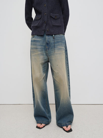 RUN TO THE FUTURE Durable Distressed Vintage Blue Low Rise Wide Leg Casual Denim Straight Jeans