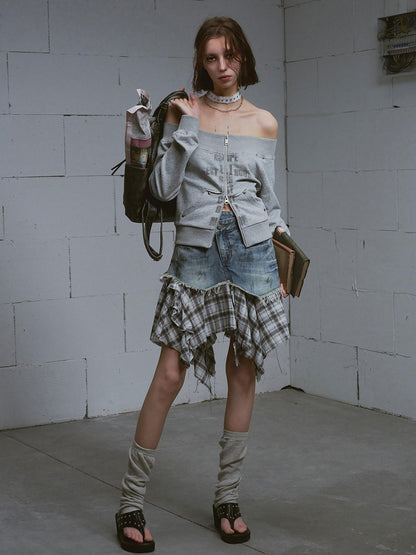 Cest Nous Washed Deconstructed Plaid Patchwork Asymmetric Women&