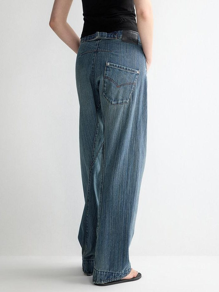 RUN TO THE FUTURE Ripped Washed Durable Low Rise Relaxed Fit Vintage Blue Wide-Leg Jeans