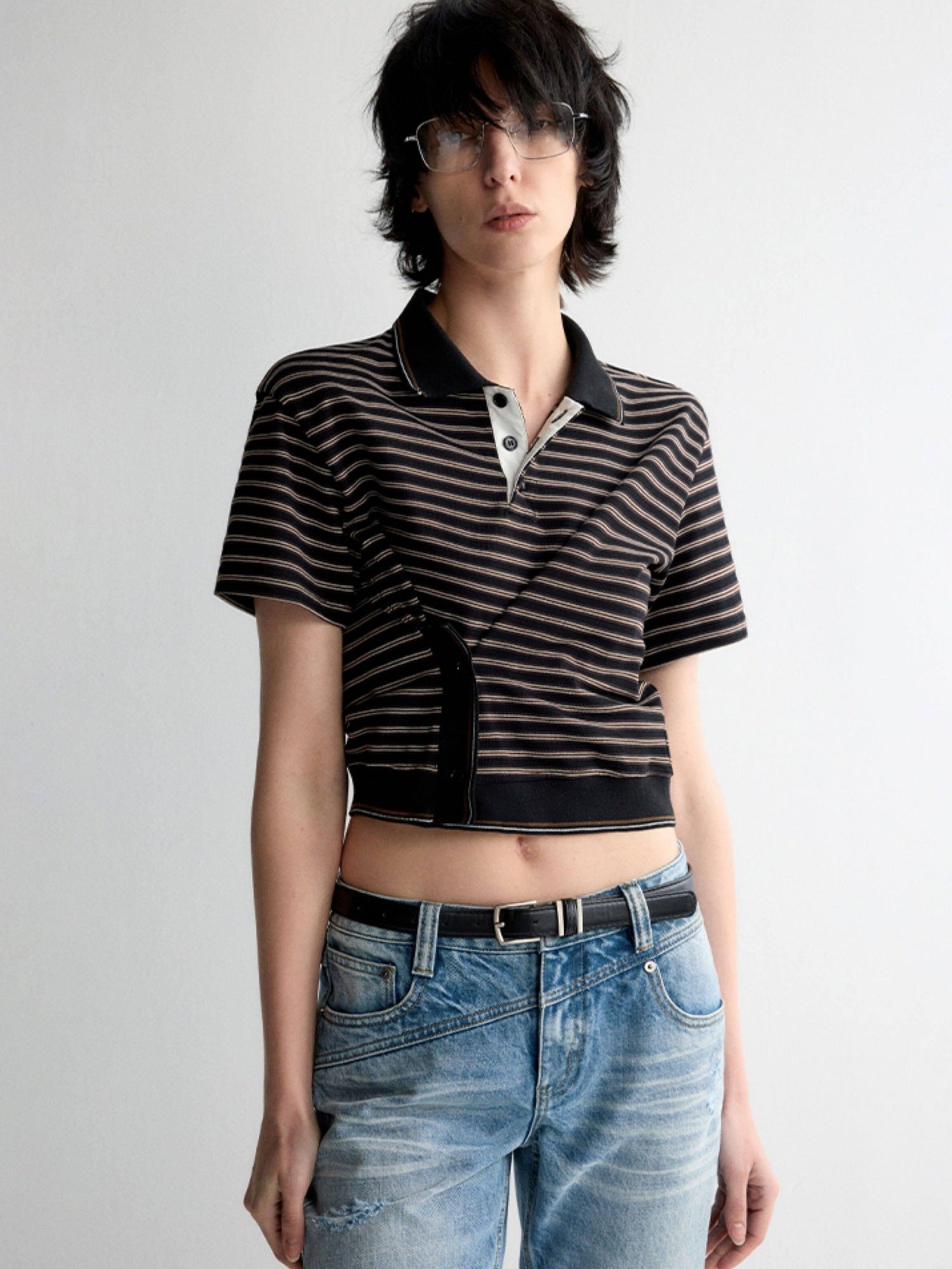 RUN TO THE FUTURE Breathable Cotton Slim Fit Asymmetric Henley Striped Low Waist Women Crop Tops