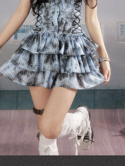 ALL iN plan Blue Sleeveless Slim Fit Tiered Ruffle Cotton Blend Casual Mini Dresses