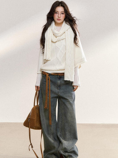 7Shiftin Cozy High Neck Cropped Loose Pullover Knit For Girls White Blue Gray Sweaters