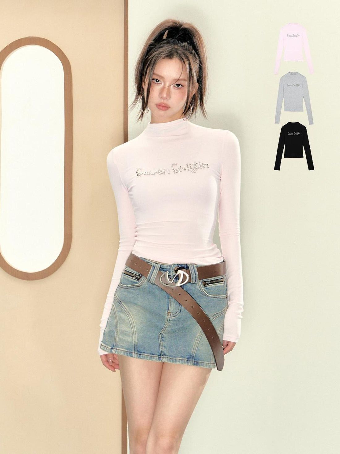 7Shiftin Slim Printed Half High Neck Korean Commuter Women Long Sleeve T-Shirts