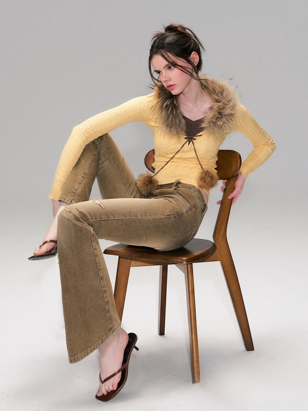 The NeverMore Viscose Blend Slim Fit Faux Layered Cropped Knit Pullover Girls Yellow Sweaters