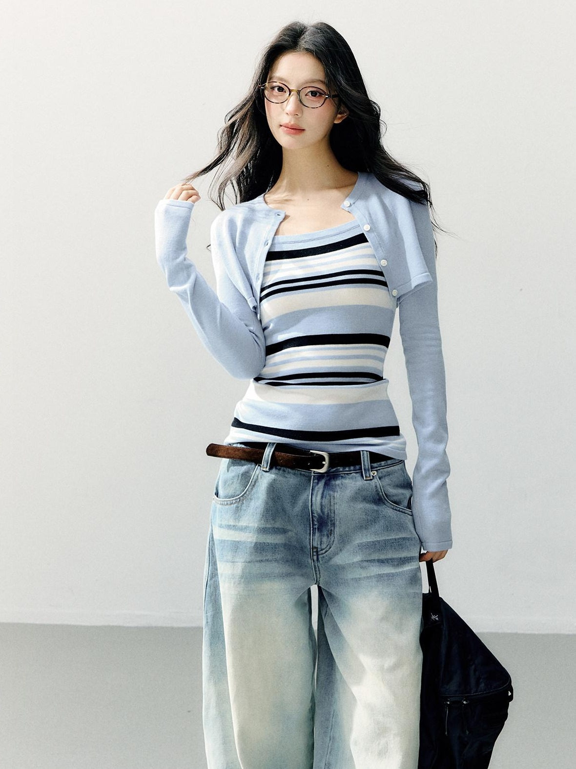 7Shiftin Striped Two Piece Cardigan And Camisole Casual Women Blue Long Sleeve T-Shirts