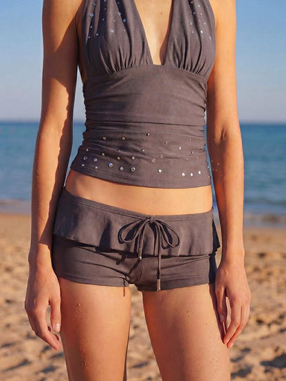 Mito de dar Purple Gray Sequin Halter Ruffle Women&
