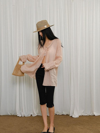 FU FRESH UP French Lace Tie Woven Long Sleeve Loose Mid Length Women&