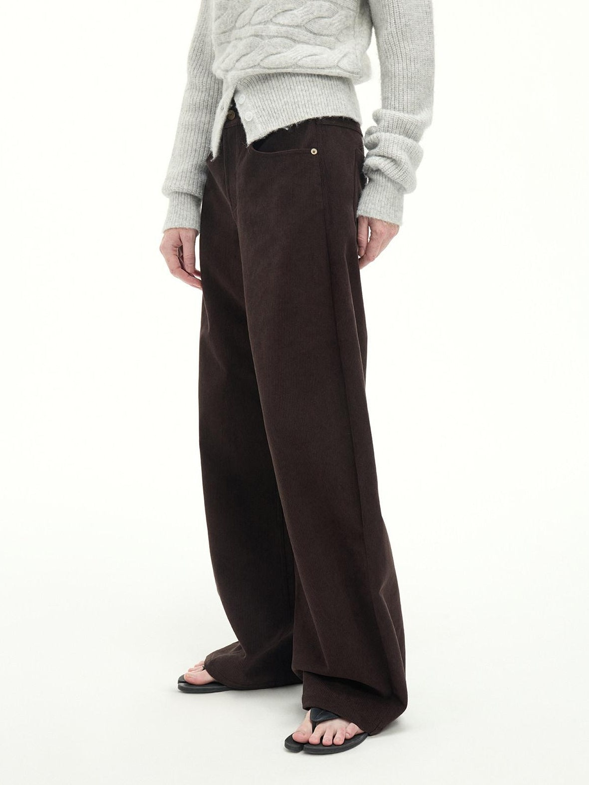 RUN TO THE FUTURE Casual Mid Low Waist Zip Fly Polyester Women Deep Brown Wide-Leg Pants
