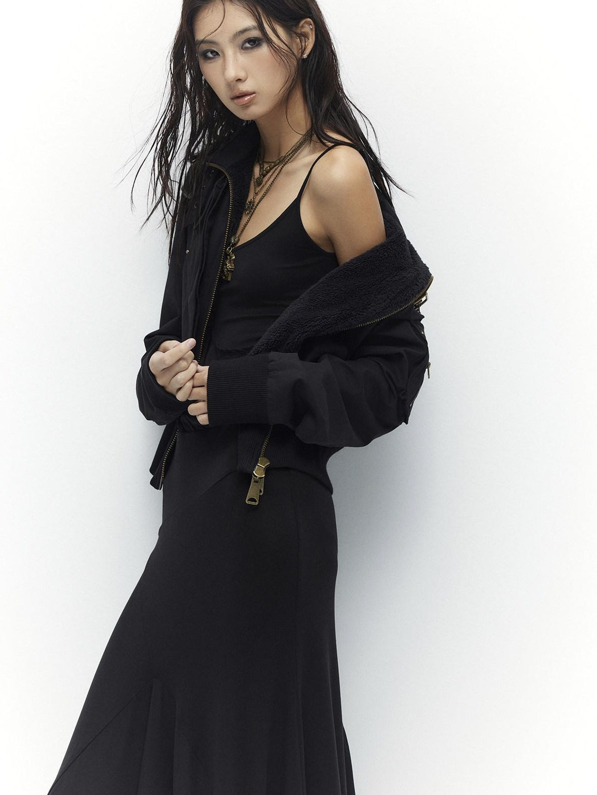 Low pixel Slim Waist Dark Gothic Cotton Zip Stand Collar Long Sleeve Women Cropped Jackets