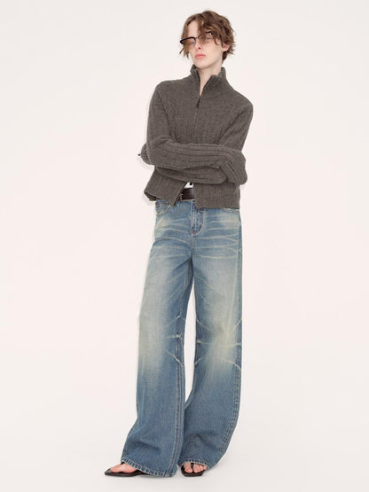 RUN TO THE FUTURE Acrylic Wool Blend Slim Zip High Neck Office Cropped Olive Cardigans