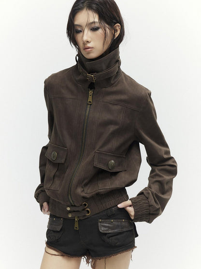 Low pixel Metal Trim Vintage Standard Womens Brown Zip Lapel Cropped Jackets