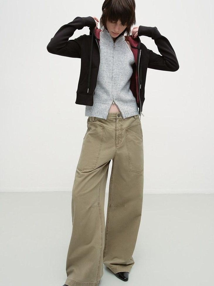 RUN TO THE FUTURE Washed Cotton Khaki Cargo Pockets Loose Mid Rise Zip Fly Casual Straight Pants