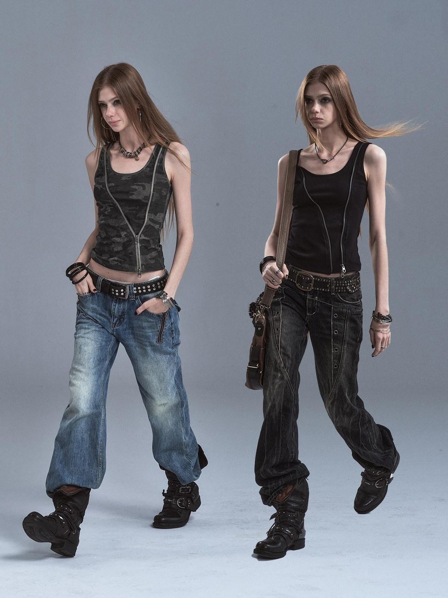 wear And tear Printed Camo Black Diagonal Zip Two Way Cinched Waist Women&