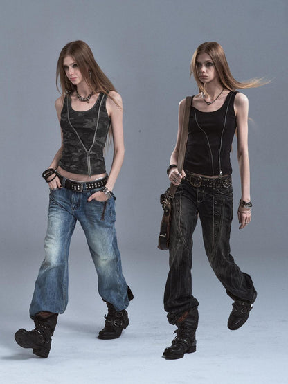 wear And tear Printed Camo Black Diagonal Zip Two Way Cinched Waist Women&