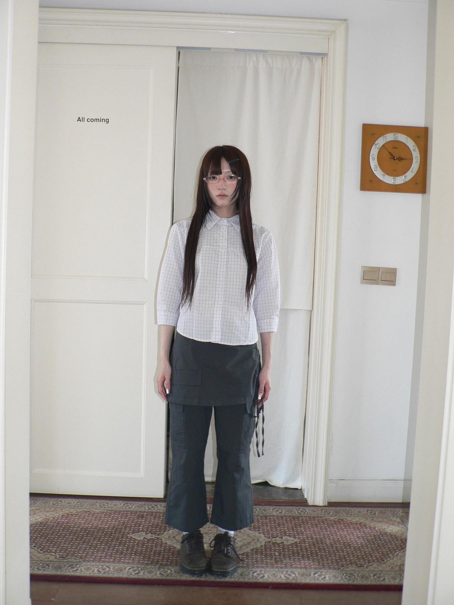 ang project White Check Print Collared Cropped Cinch Waist Women&