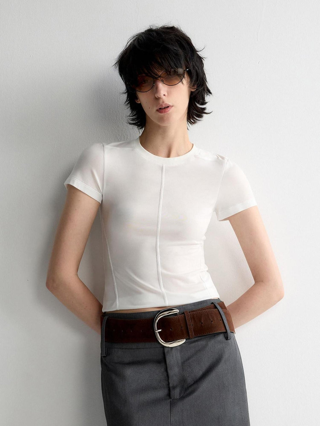 RUN TO THE FUTURE Cooling Lyocell Slim Fit Minimalist Women Office Crew Neck Solid Crop Tops