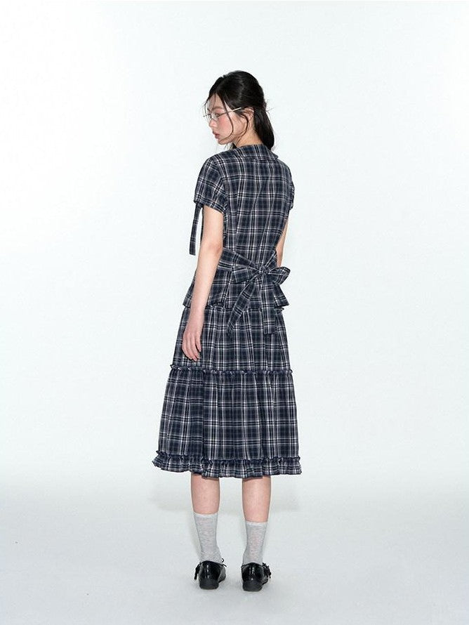 NAPSNAPS Blue Plaid Ruffle Hem High Waist Pleated Patchwork Women&