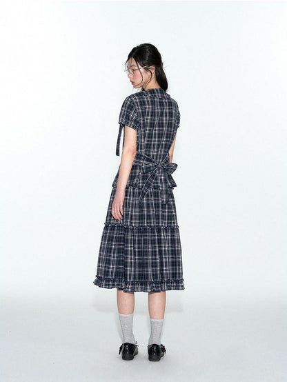 NAPSNAPS Blue Plaid Ruffle Hem High Waist Pleated Patchwork Women&