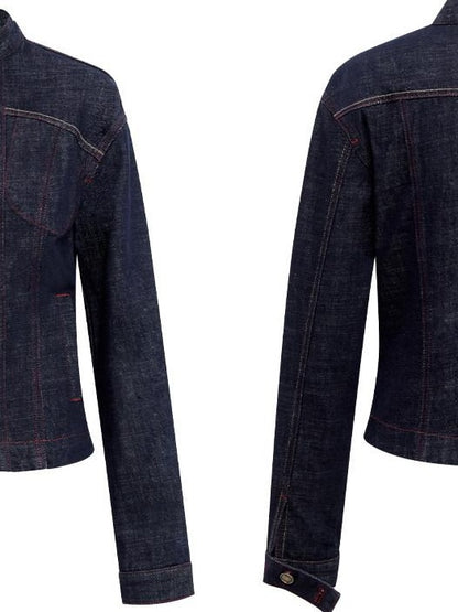RUN TO THE FUTURE Vintage Asymmetric Fitted Waist Unisex Dark Indigo Cotton Button Denim Jackets