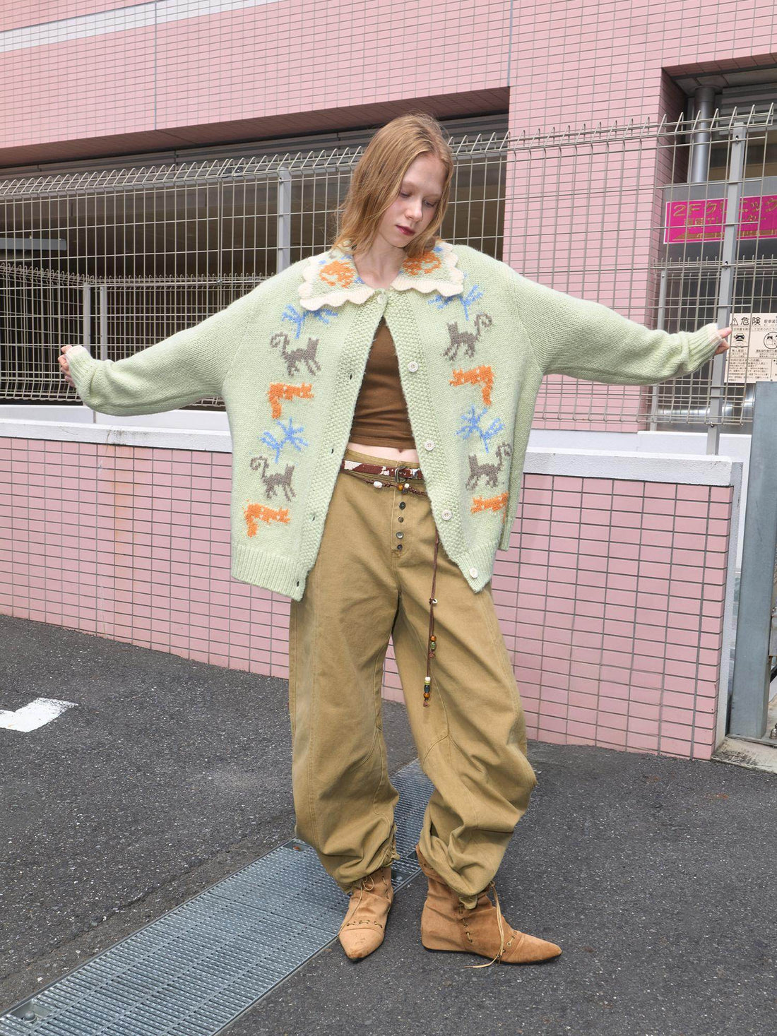 OuttheBlue Warm Acrylic Wool Commuter Loose Jacquard Mint Green Cardigans