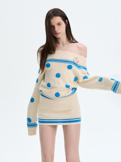 The NeverMore Cozy Thermal Acrylic Wool Polka Dot Boat Neck Relaxed Women Knit Sweaters