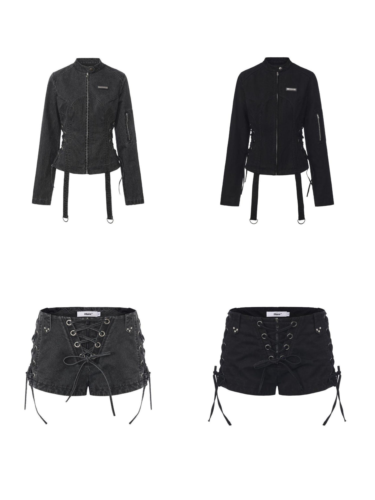 24ans Two Piece Long Sleeve Shorts Set For Women Black Gray Casual Denim Jackets