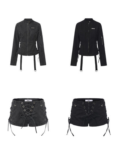 24ans Two Piece Long Sleeve Shorts Set For Women Black Gray Casual Denim Jackets