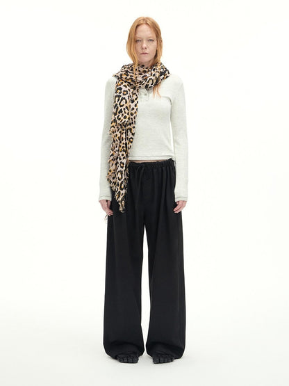 RUN TO THE FUTURE Stretch Wool Blend Casual Wide Leg Drawstring Mid Low Rise Women Black Chinos