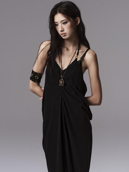 Low pixel Pure Cupro Slim Fit Dark Gothic Vneck Camisole Women Black Zip Back Maxi Dresses