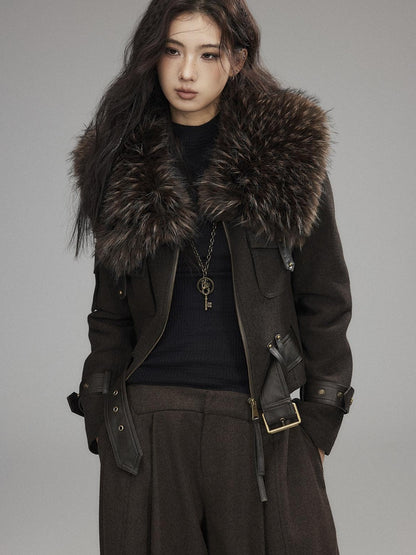 Low pixel Thick Wool Blend Slim Fit Sexy Lapel Zipper Brown Everyday Women Cropped Jackets