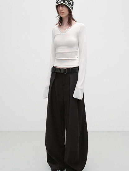 RUN TO THE FUTURE Pleated Minimalist Mid Rise Micro Stretch Casual Loose Fit Black Wide-Leg Pants
