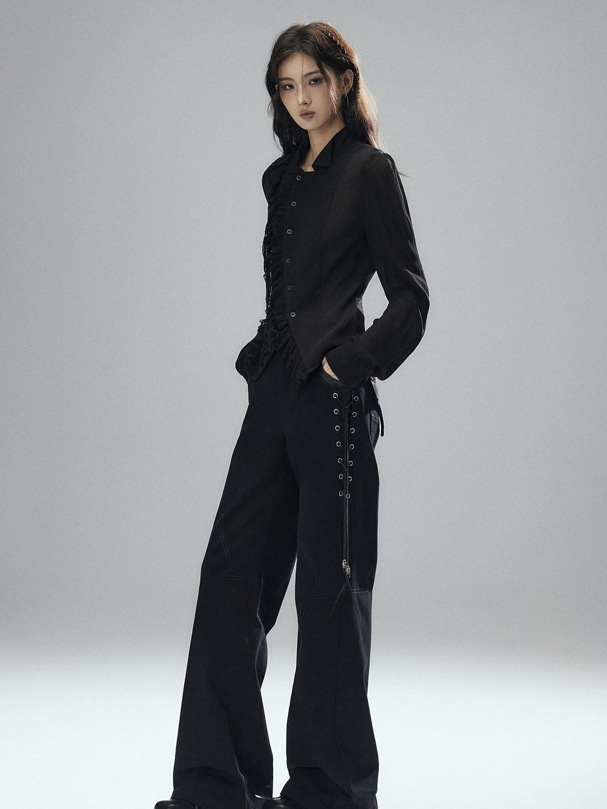 Low pixel Pure Cotton Low Rise Wide Leg Zipper Casual Womens Black Straight Pants
