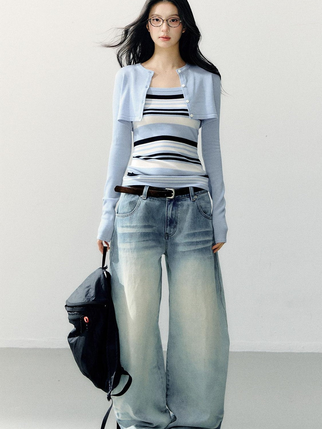 7Shiftin Striped Two Piece Cardigan And Camisole Casual Women Blue Long Sleeve T-Shirts