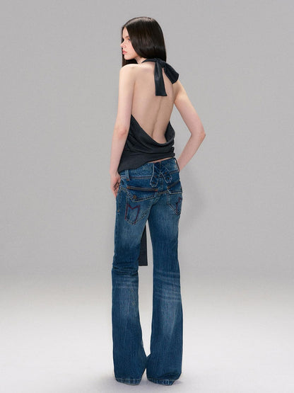 The NeverMore Slight Stretch Low Rise Slim Cotton Casual Women Deep Blue Straight Leg Jeans