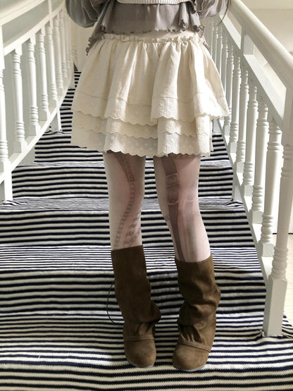 ang project Light Apricot Lace Spliced Embroidered High Waist Elastic A Line Women&