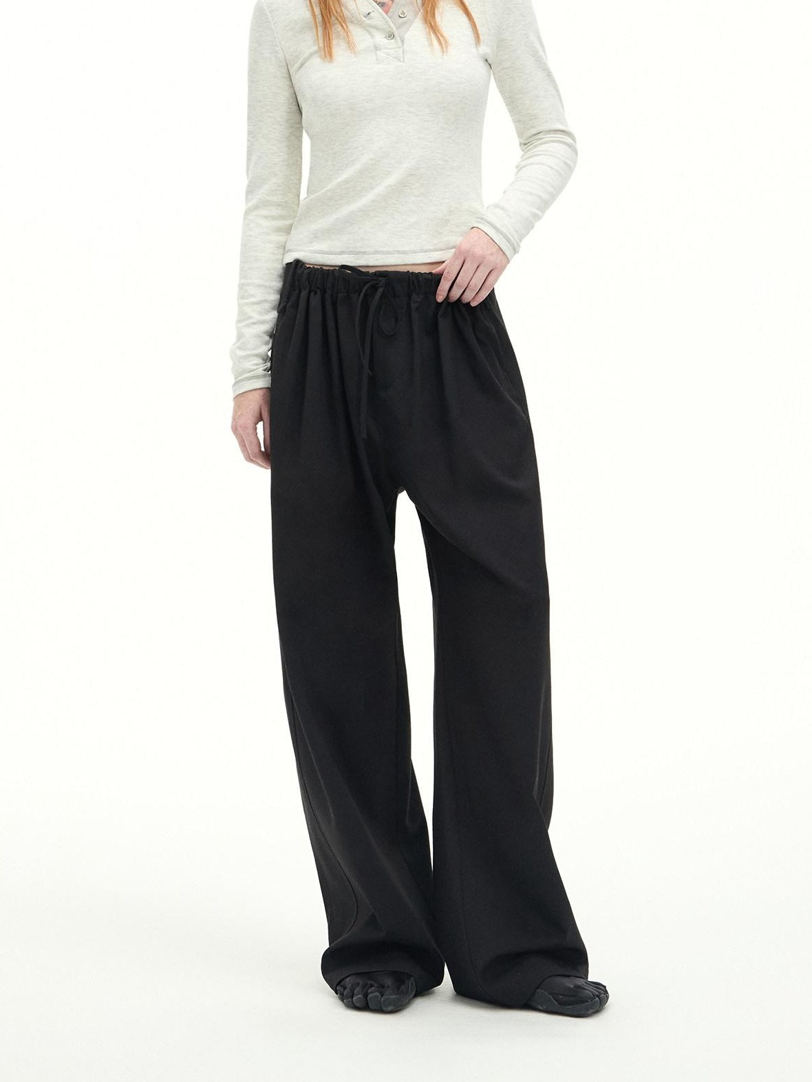 RUN TO THE FUTURE Stretch Wool Blend Casual Wide Leg Drawstring Mid Low Rise Women Black Chinos