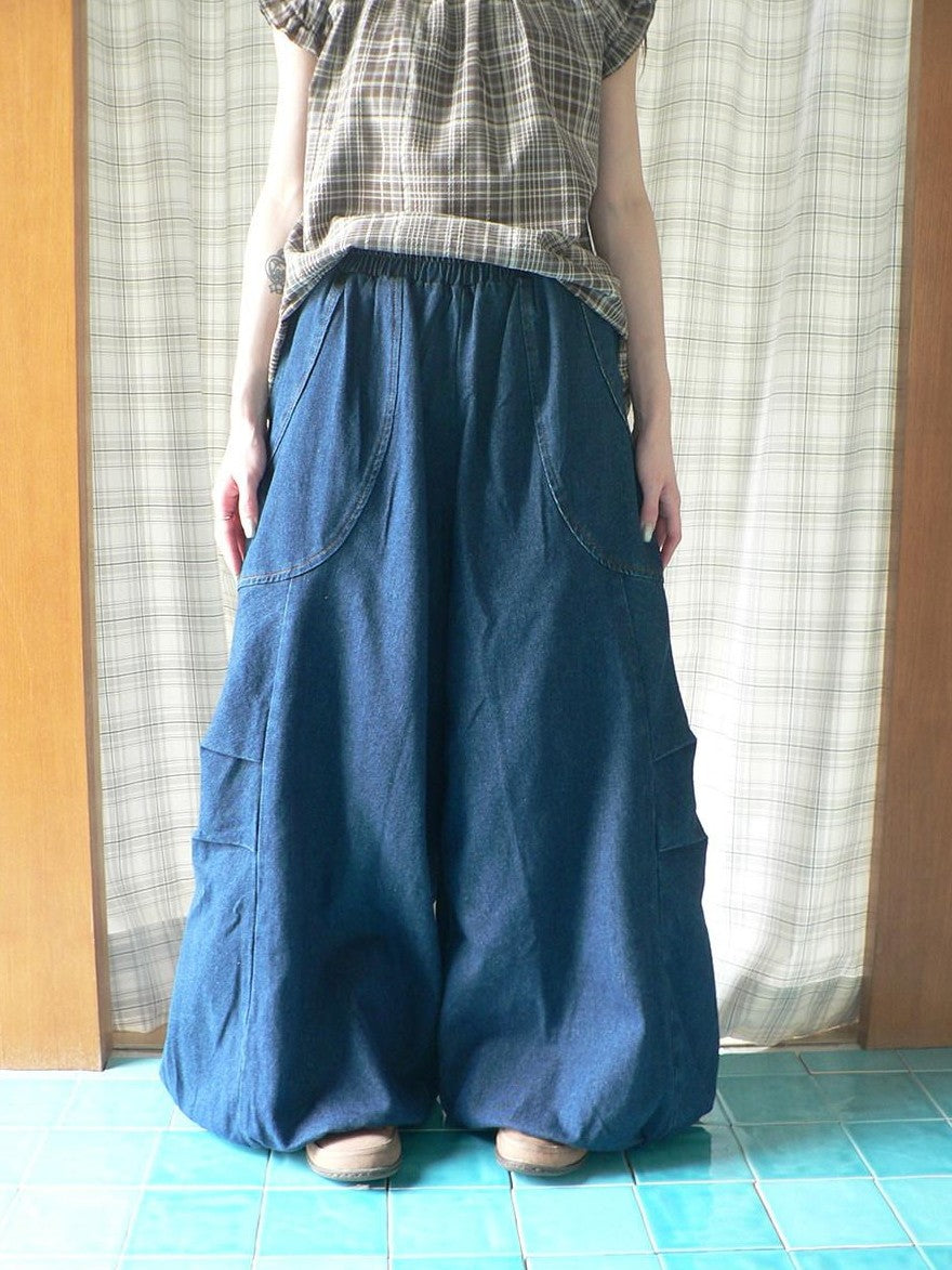 ang project Deep Blue Vintage Pleated Elastic Waist Loose Fit Women&