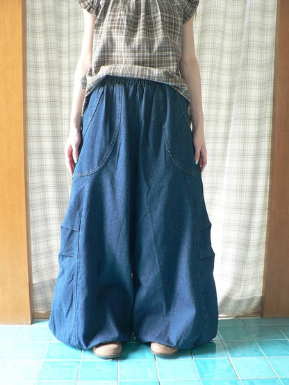 ang project Deep Blue Vintage Pleated Elastic Waist Loose Fit Women&