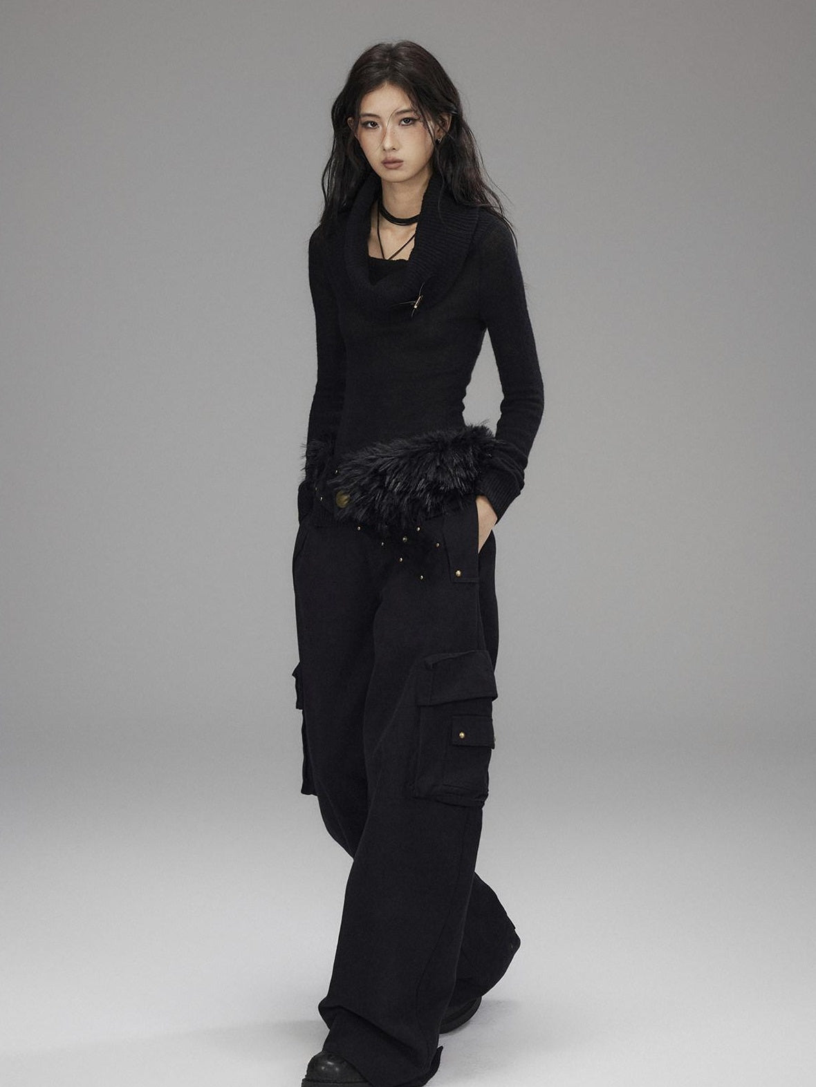Low pixel Washed Low Rise Wide Leg Utility Loose Fit Womens Black Cargo Pants